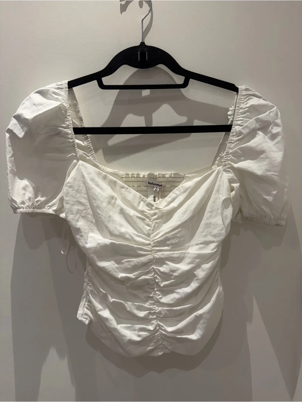 Reformation White Ruched Puff-Sleeve Sweetheart Top
